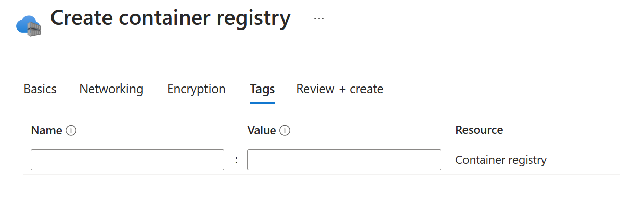 Screenshot showing the Tags tab options used to create a Container Registry instance.