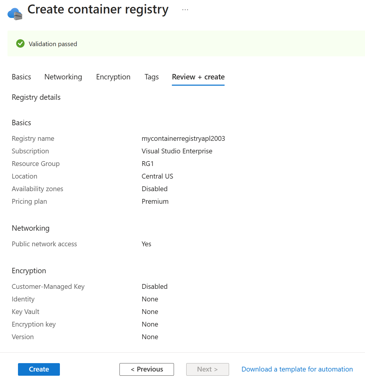 Screenshot showing the Review + create tab used to create a Container Registry instance.