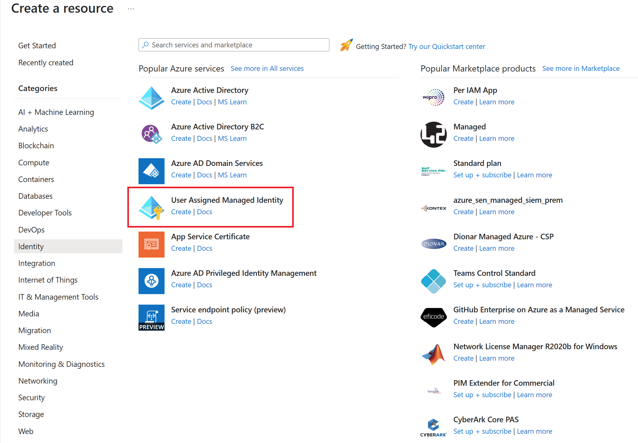 Screenshot showing the User Assigned Managed Identity service in the Azure Marketplace.