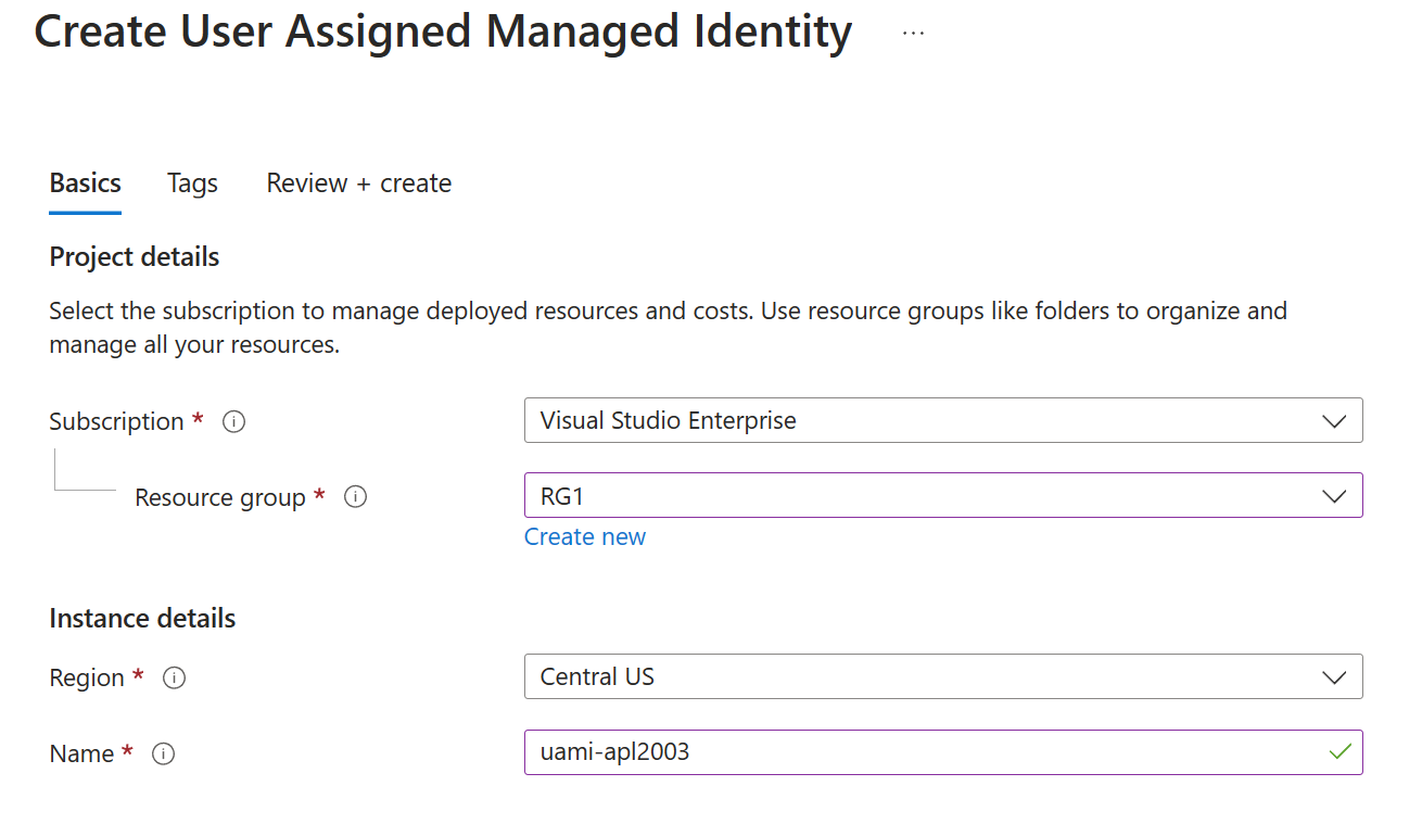 Screenshot showing the Basics tab for the Create User Assigned Managed Identity page.