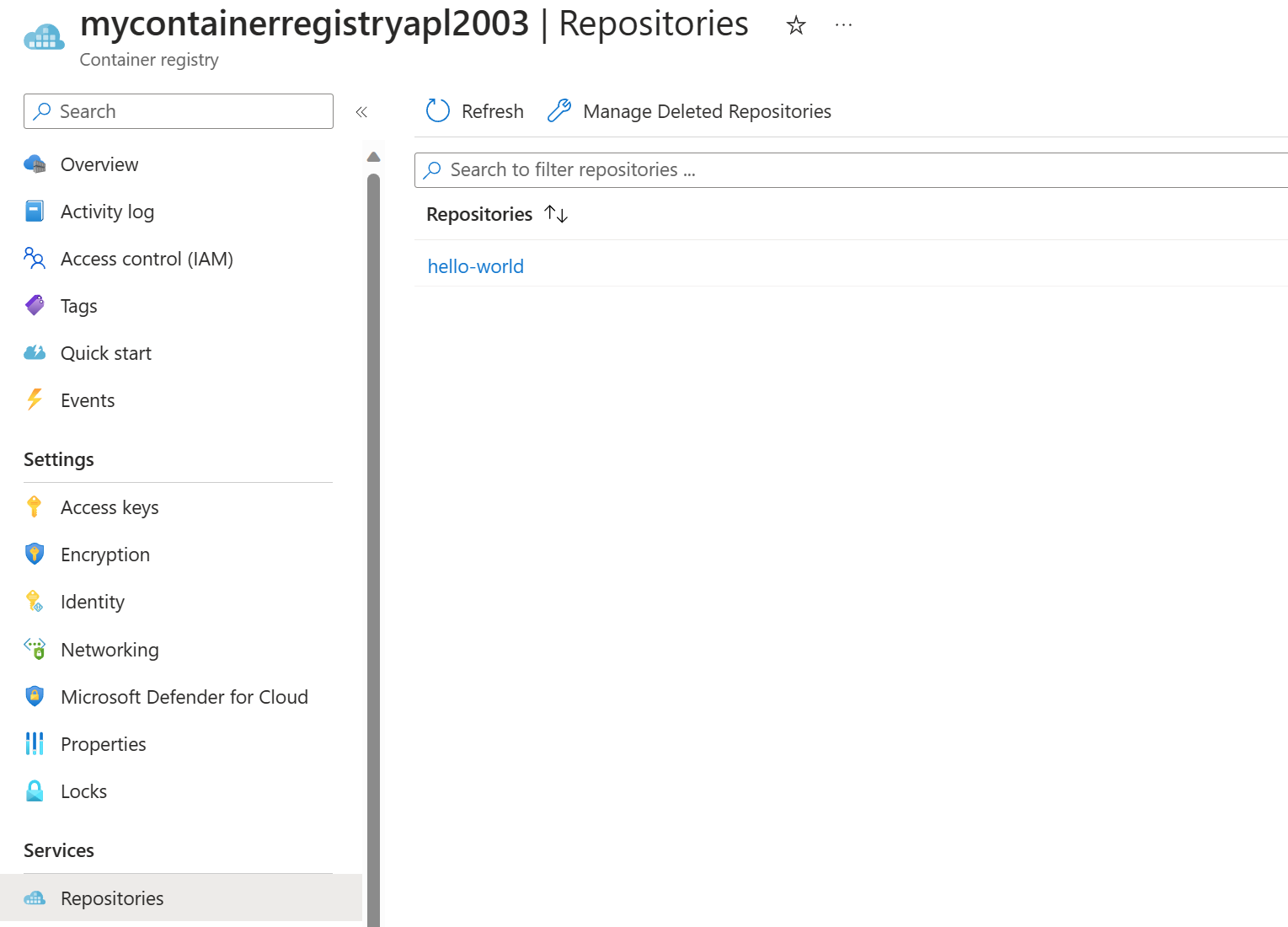 Screenshot showing the Repositories page of the Container Registry instance.