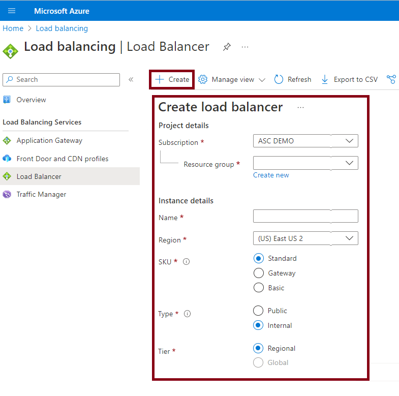 Screenshot that shows how to create an Azure load balancer in the Azure portal.