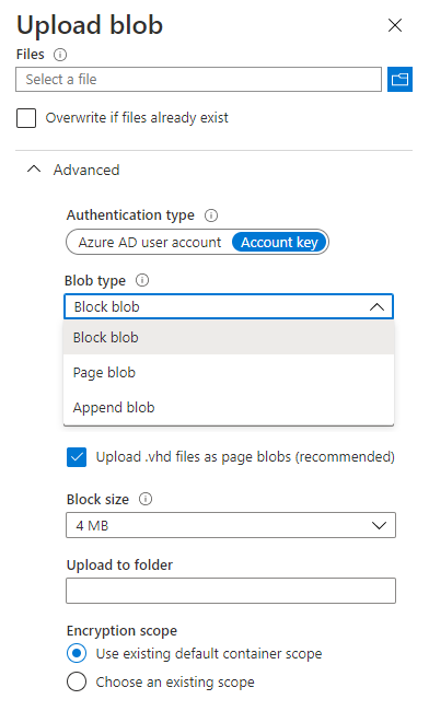 Screenshot of the Upload Blob page that shows the Authentication type, blob types, and block size.