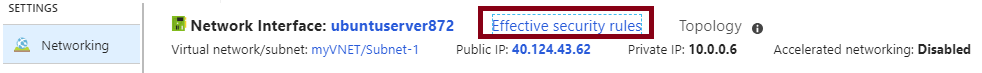 Screenshot of the Networking page in the Azure portal showing the Effective security rules link highlighted.