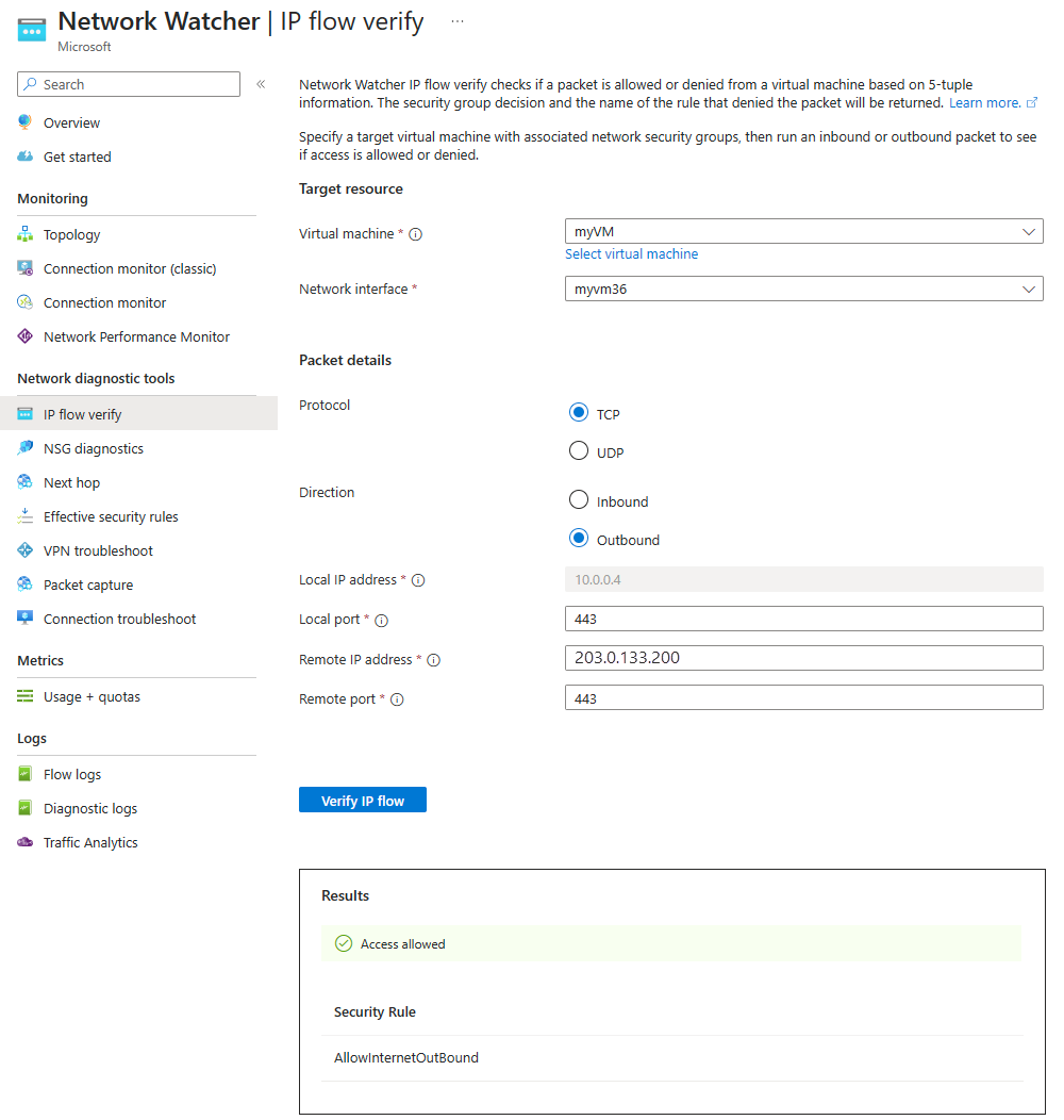 Screenshot of the IP flow verify feature in the Azure portal.