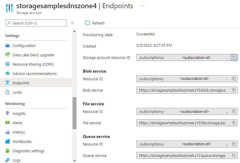 Screenshot of the service endpoint URLs in the Azure portal.