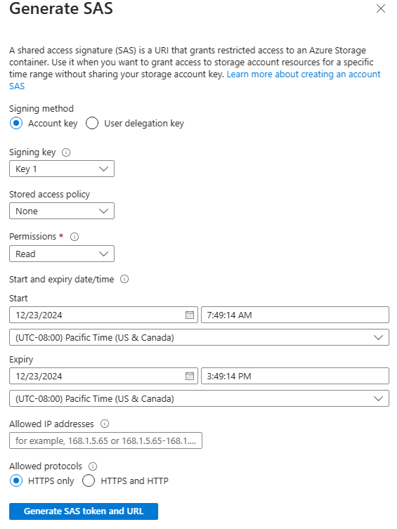 Screenshot of the Create a shared access signature key page.