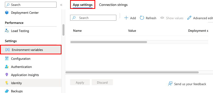 Navigating to Environment variables > Application settings