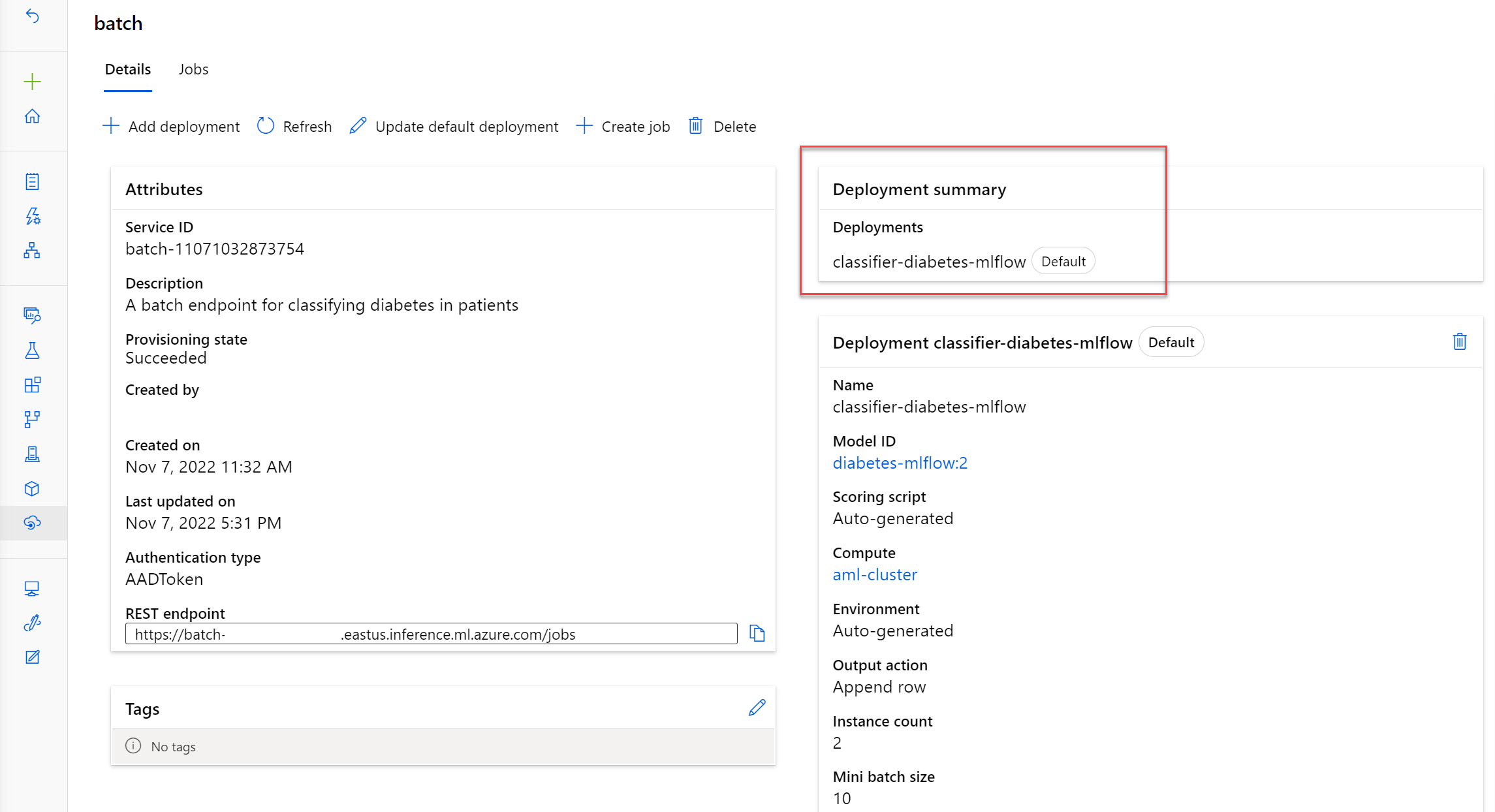 Screenshot of details page of a batch endpoint, showing the default deployment.