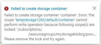 Screenshot of the Failed to create storage container error message.