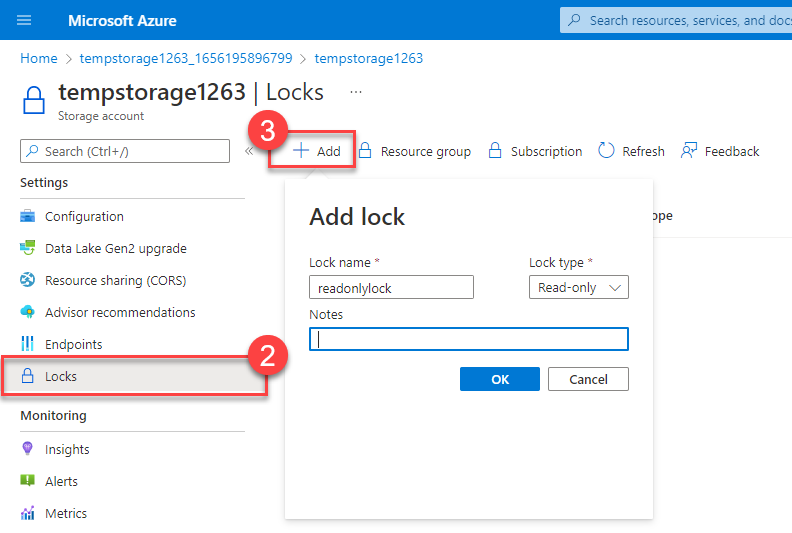 Screenshot of the Add lock feature on a storage account set for a read-only lock.