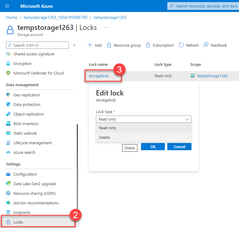 Screenshot midway through task process of changing the lock type on a resource lock.