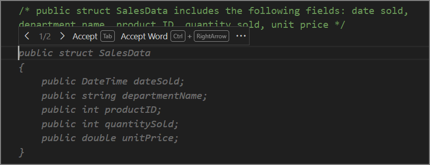 Screenshot showing the code completion for a comment that describes a data structure.