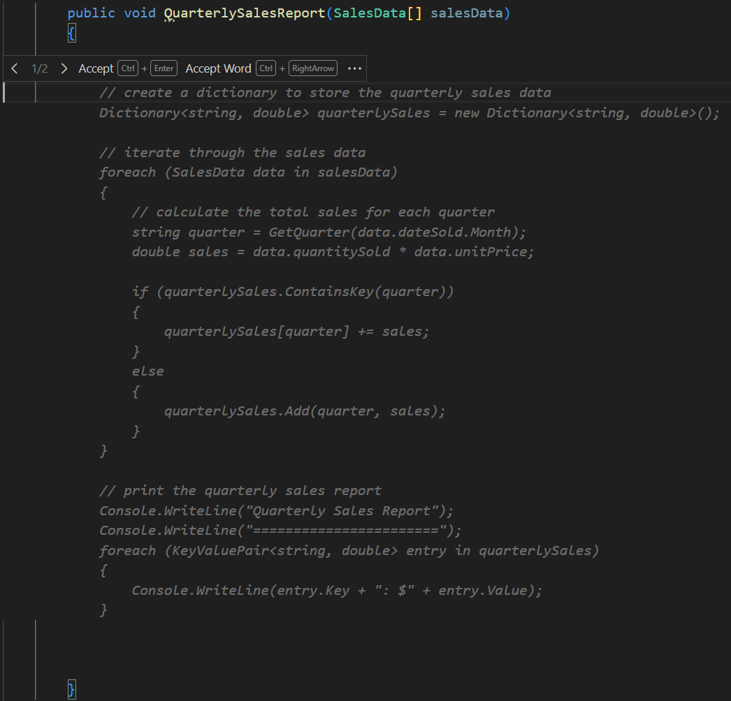 Screenshot showing a code completion suggestion that processes data for a report.