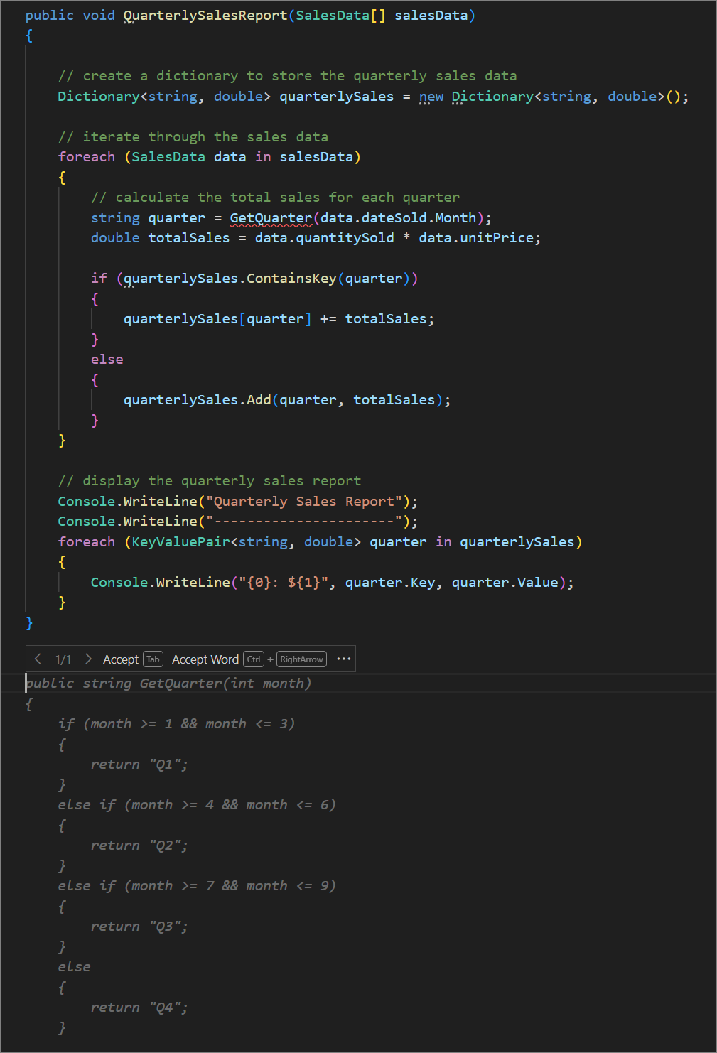 Screenshot showing the code completion for the GetQuarter method.