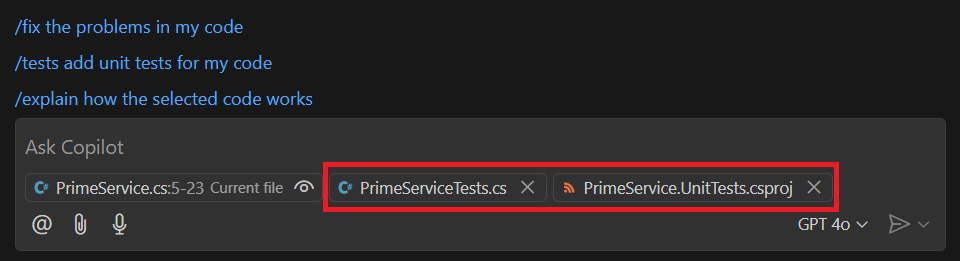 A screenshot showing the Chat view with PrimeService.cs and PrimeService.UnitTests.csproj listed as additional context.