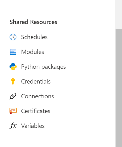 Screenshot of the shared resources section in the Azure Automation account pane. Eight shared resources display, Schedules, Modules, Modules gallery, Python 2 packages, Credentials, Connections, Certificates, and Variables.