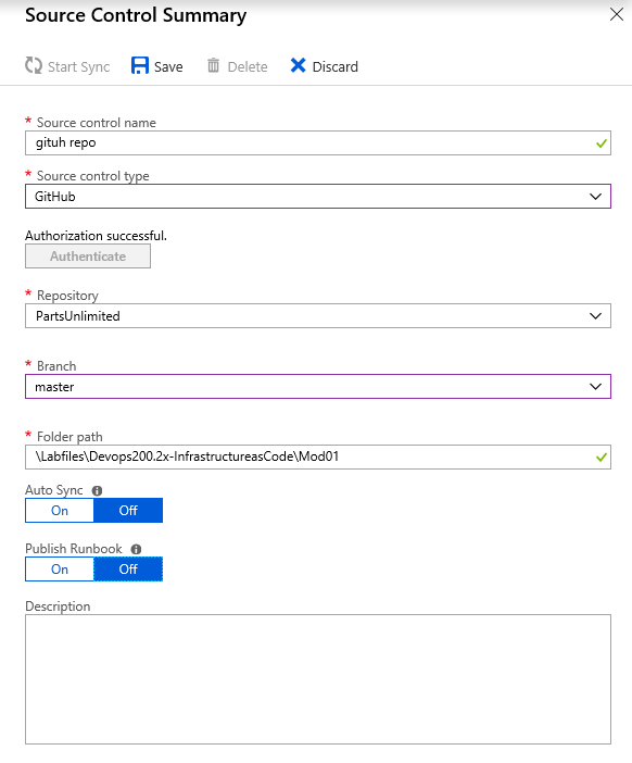 Screenshot of the Source Control Summary blade containing fields, and details to be filled in.