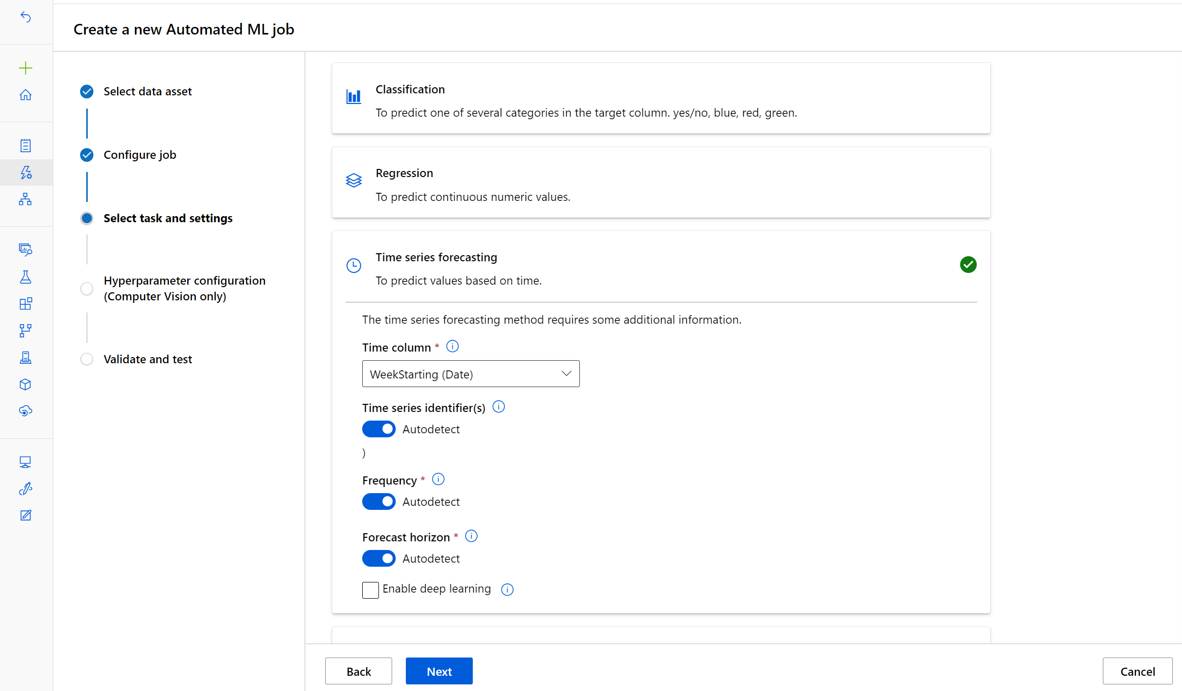 Screenshot of a task selection when configuring Automated Machine Learning.