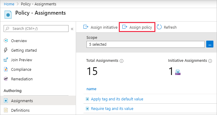 Screenshot showing how to assign the policy in the authoring assignments page.