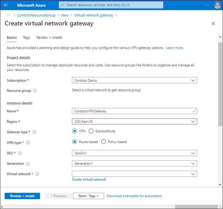 A screenshot of the Create a virtual network gateway page. The administrator has defined the subscription. The Name is ContosoVPNGateway, in the East US region. Gateway type is VPN, and VPN type is Route-based.