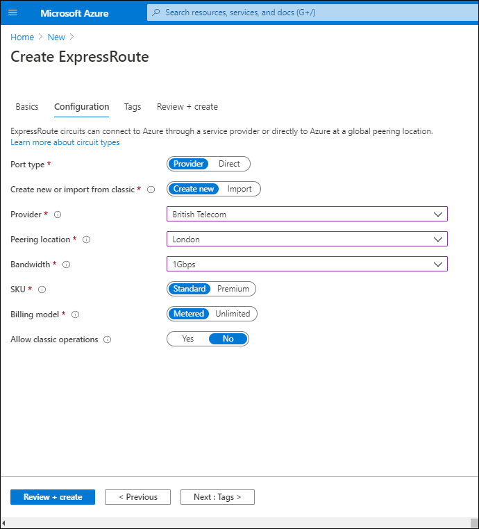 A screenshot of the Create ExpressRoute blade, Configuration tab. The Port type is set to Provider. The Provider is British Telecom. The Peering location is London. The bandwidth is 1 Gbps. The Standard SKU is selected.