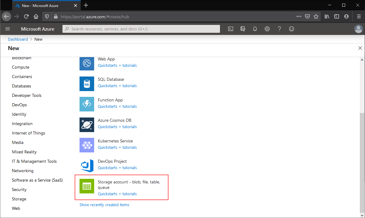 A screenshot of the storage account quick create option in a browser.