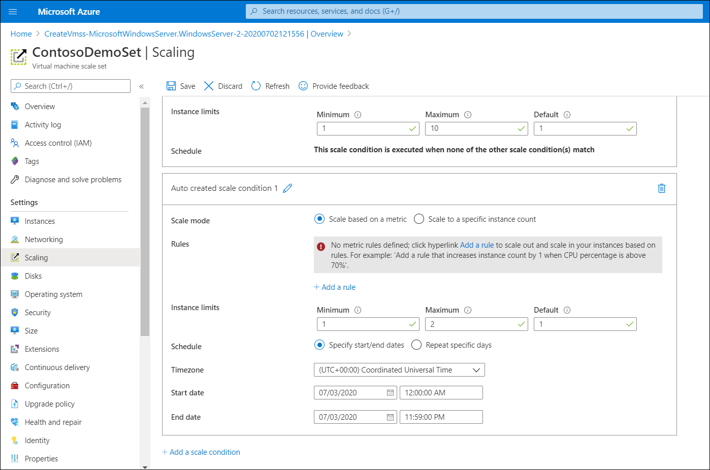 A screenshot of the Scaling tab for the selected virtual machine scale set. The administrator is defining a Scale based on a schedule.