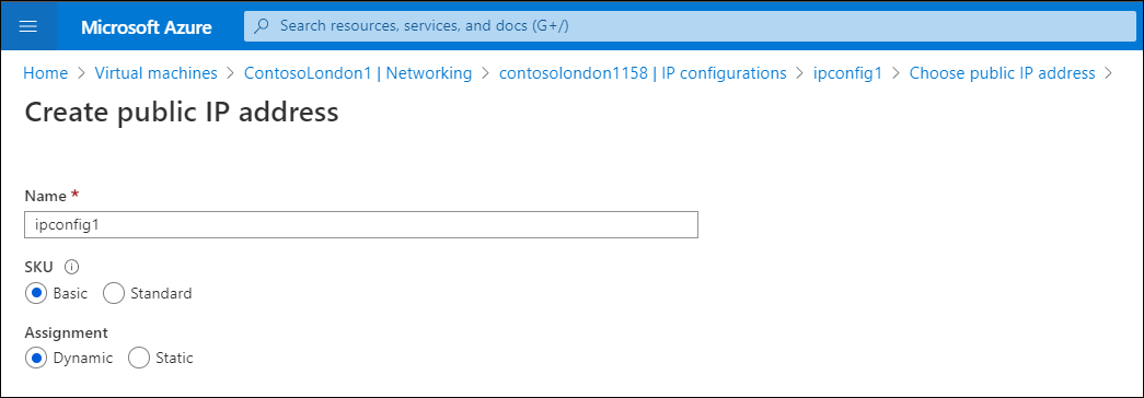 Screenshot of the Create public IP address page for ipconfig1. The SKU is Basic and the Assignment is Dynamic. 