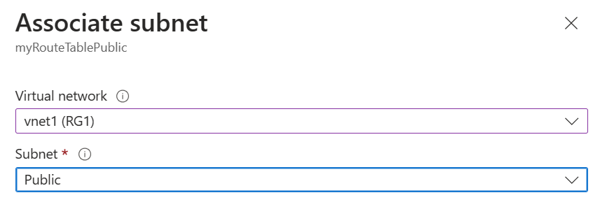 Screenshot of a route table being associated with a virtual network.