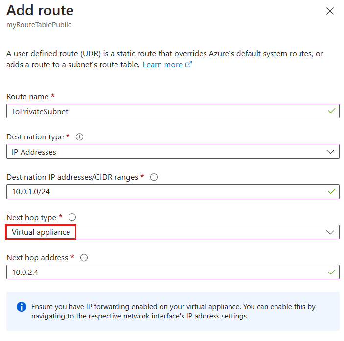 Screenshot of the Add route page. The Next hop type drop-down is highlighted. Virtual appliance is selected.