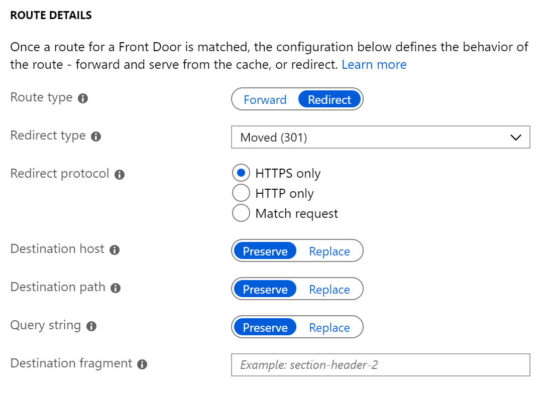 Screenshot of the Azure portal route details.