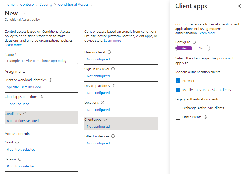 A screenshot of the Conditional Access Client apps page.