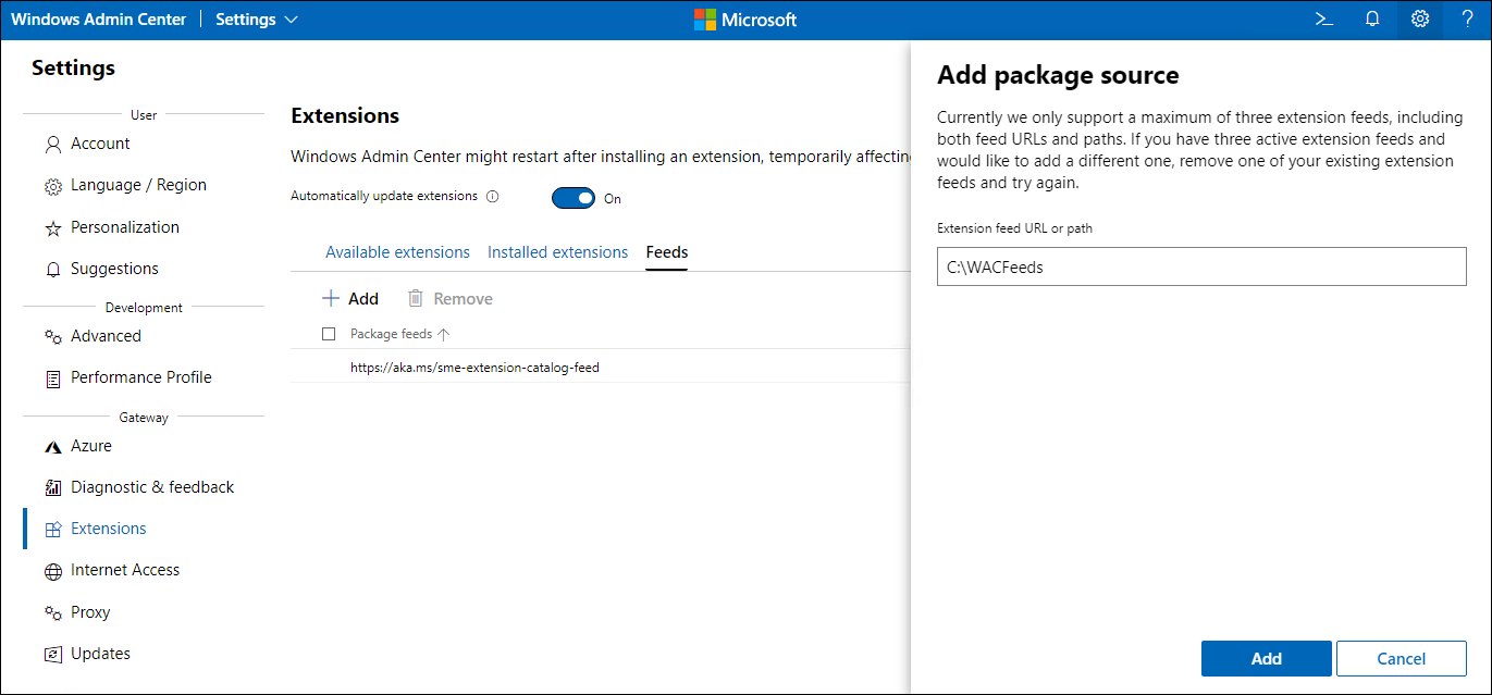 The screenshot depicts the Add package source pane of the extension manager of Windows Admin Center.