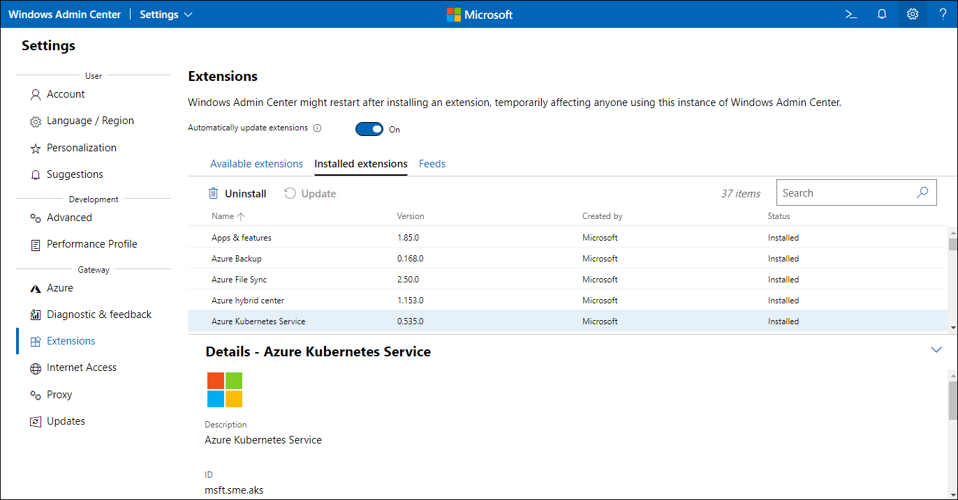 The screenshot depicts the AKS extension installed on Windows Admin Center.