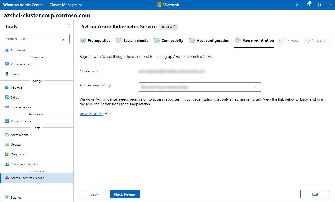 The screenshot depicts the Azure registration step of the Set up Azure Kubernetes Service wizard in Windows Admin Center.