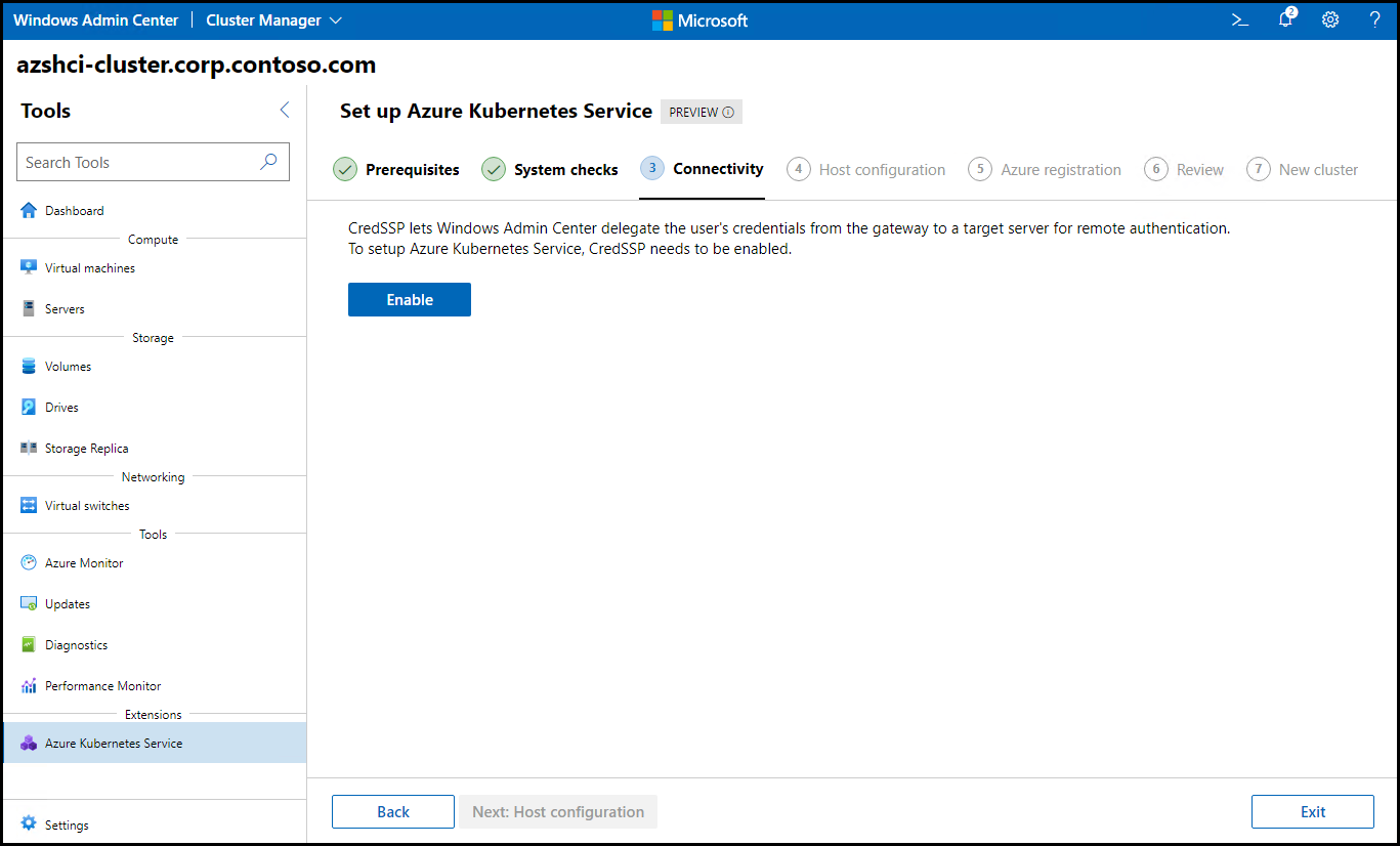 The screenshot depicts the Connectivity step of the Set up Azure Kubernetes Service wizard in Windows Admin Center.