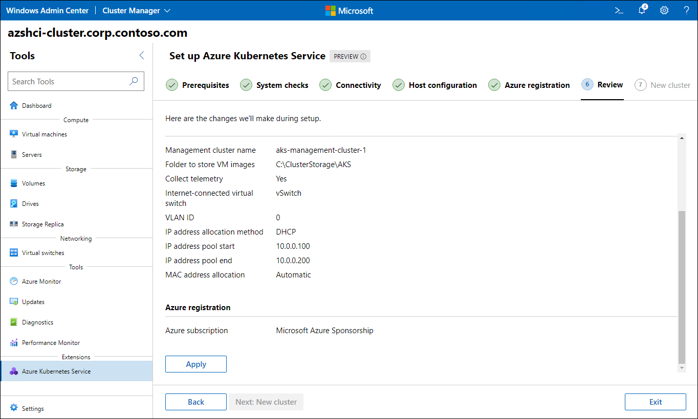 The screenshot depicts the Review step of the Set up Azure Kubernetes Service wizard in Windows Admin Center.