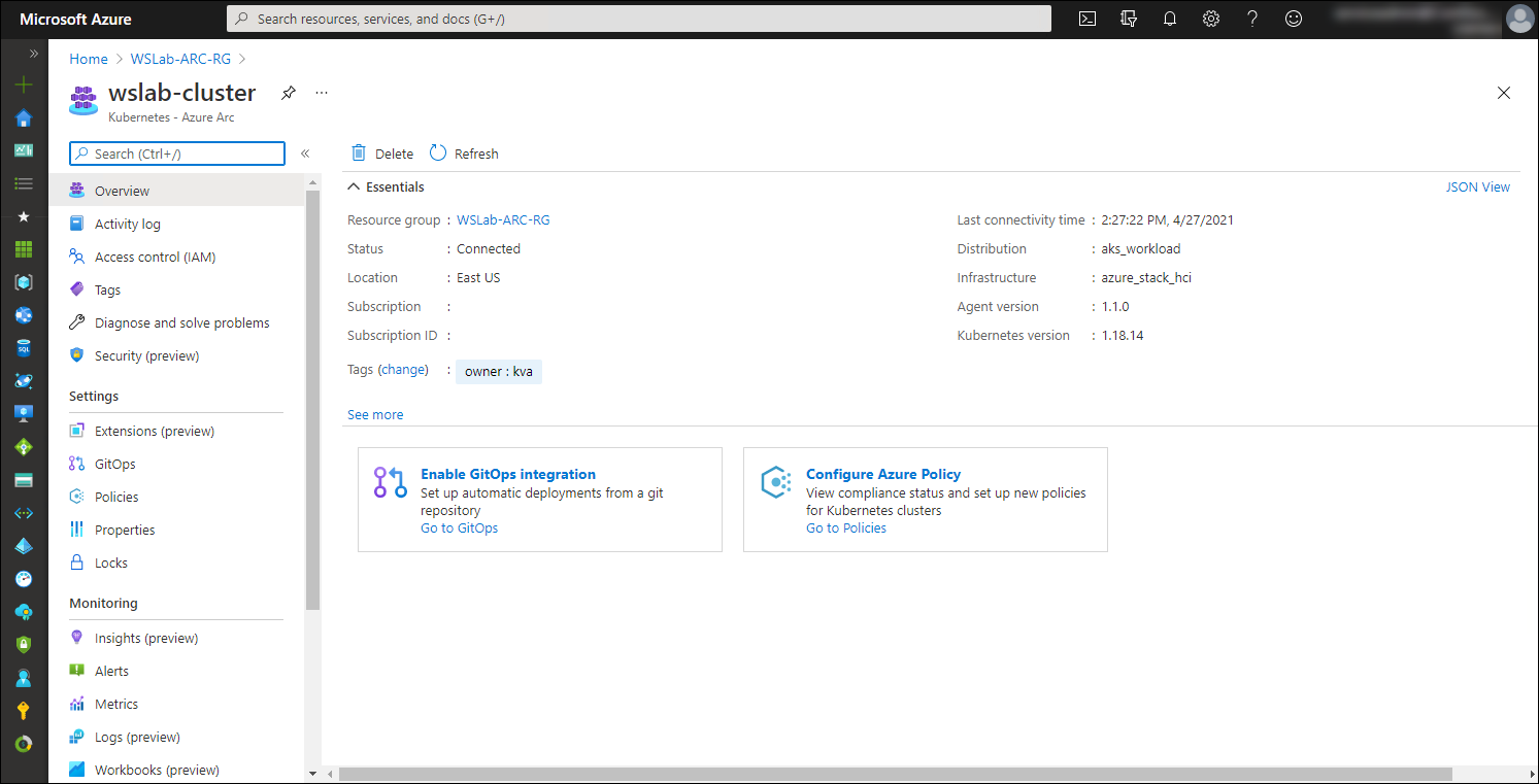 The screenshot displays the Kubernetes - Azure Arc blade in the Azure portal.