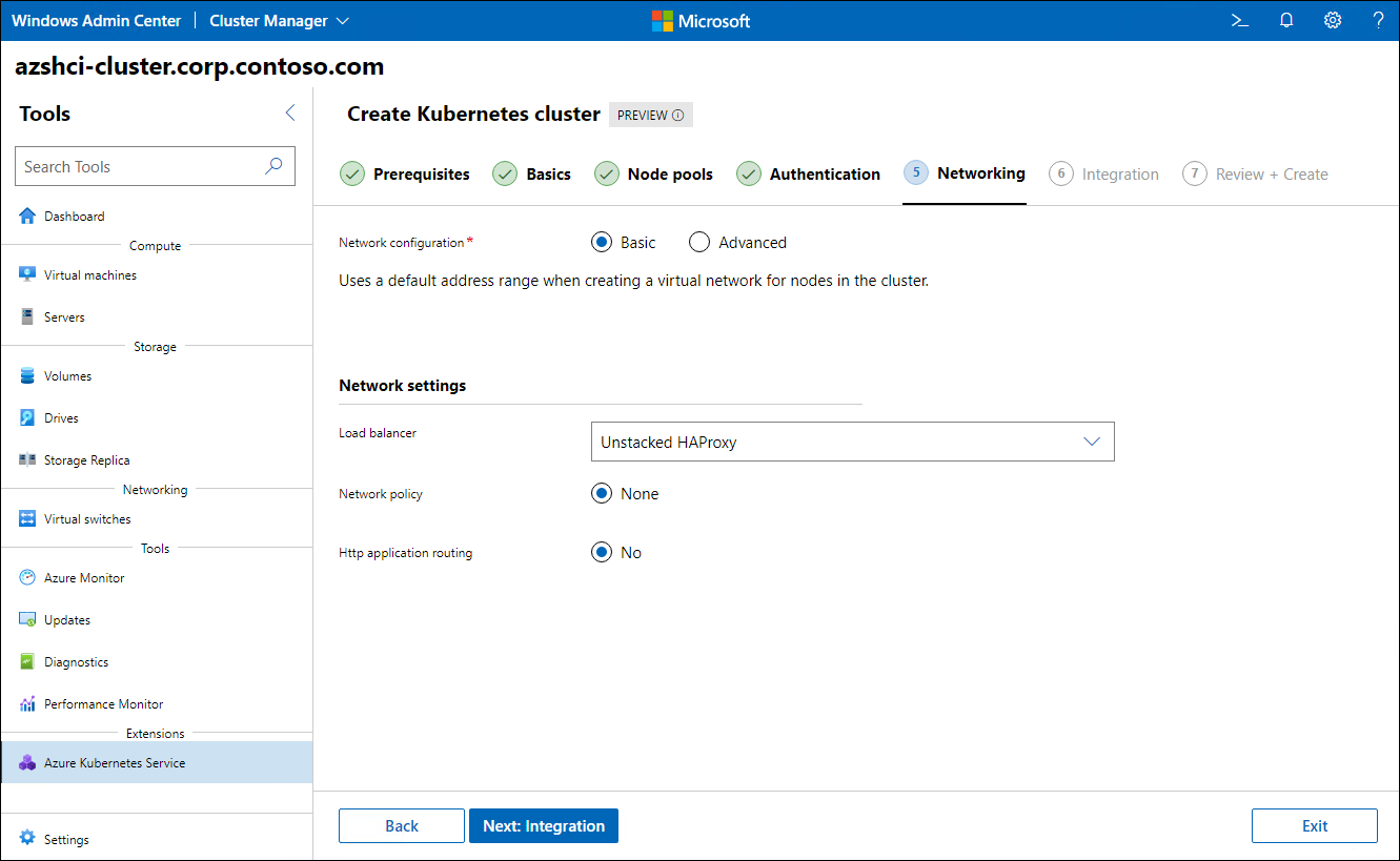 The screenshot depicts the Networking step of the Create Kubernetes cluster wizard in Windows Admin Center.