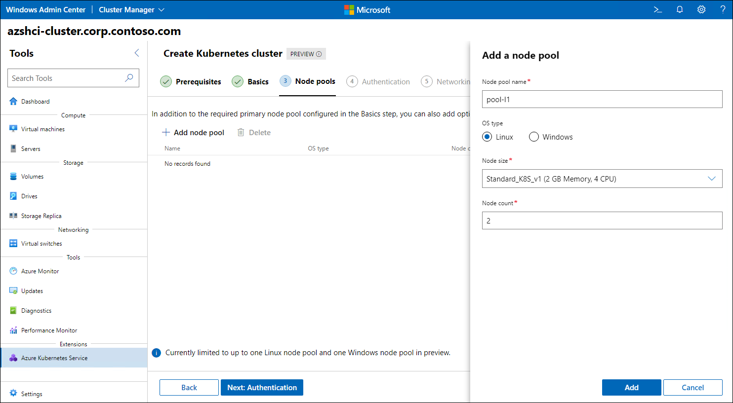 The screenshot depicts the Add a node pool blade of the Create Kubernetes Cluster wizard in Windows Admin Center.