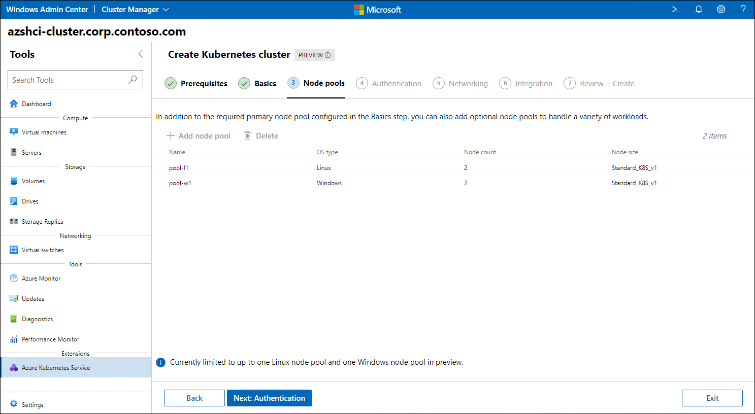 The screenshot depicts the Node pools step of the Create Kubernetes cluster wizard in Windows Admin Center.