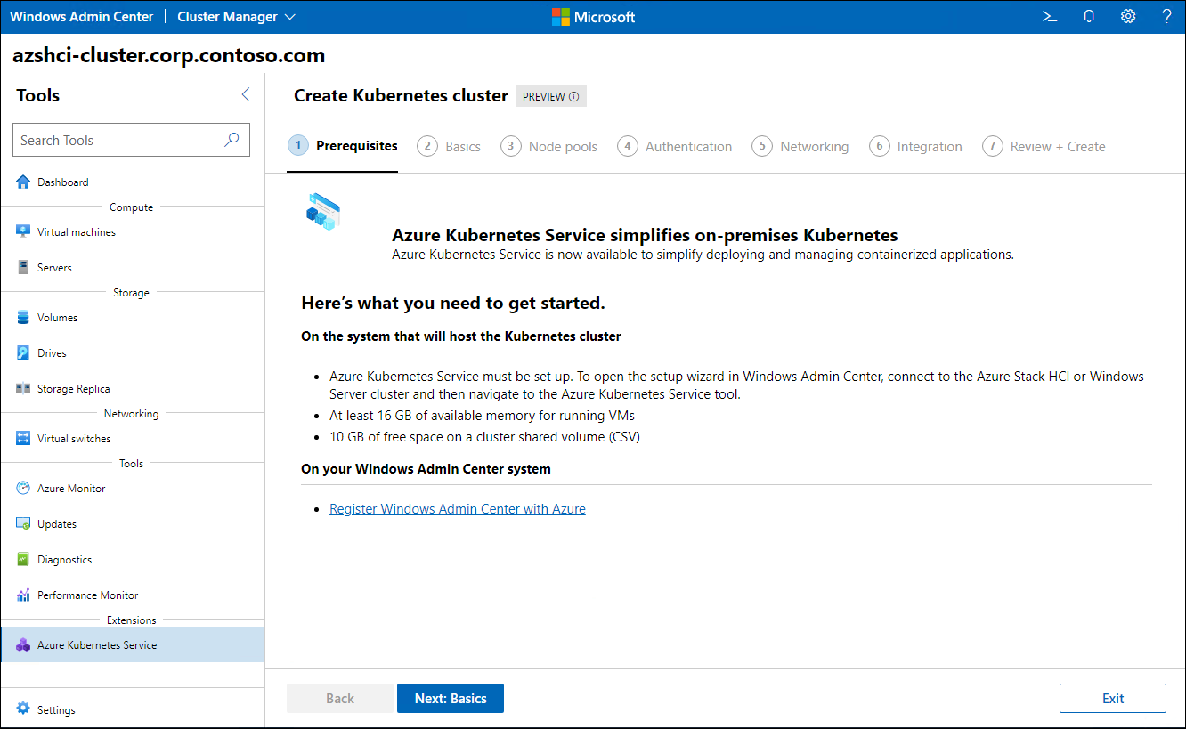 The screenshot depicts the Prerequisites step of the Create Kubernetes cluster wizard in Windows Admin Center.