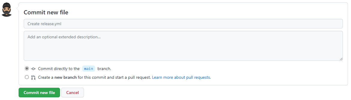 Screenshot of how to commit new file on GitHub.