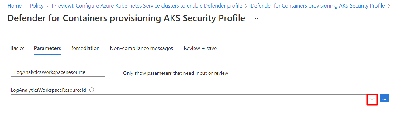 Screenshot showing how to configure parameters for a Log Analytics Workspace.