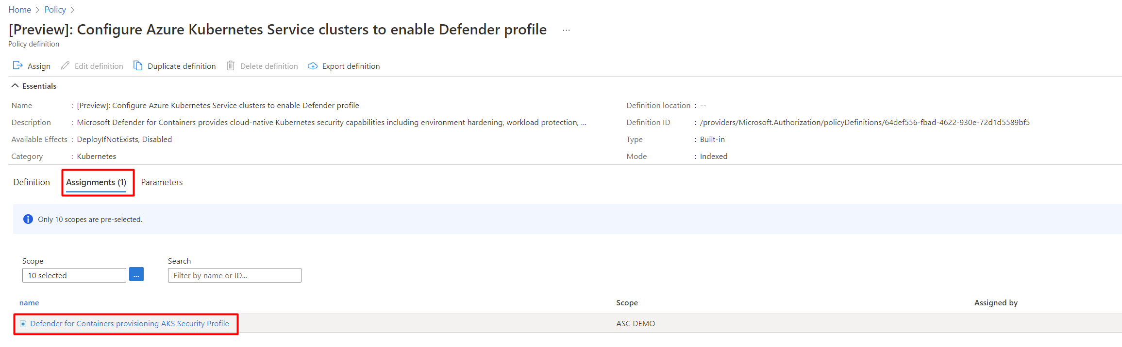 Screenshot showing how to assign custom workspace assignment from the Policy definition page.