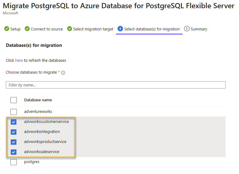 Screenshot of Azure portal showing the migration project database selection.