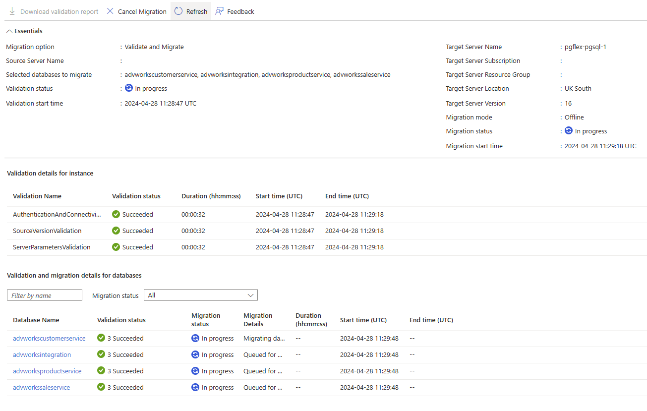 Screenshot of Azure portal showing the migration project database validation and migration status.