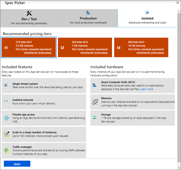 Screenshot showing the specification picker dashboard.