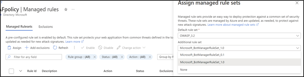 Screesnhot showing an example of how to assign managed rule sets.